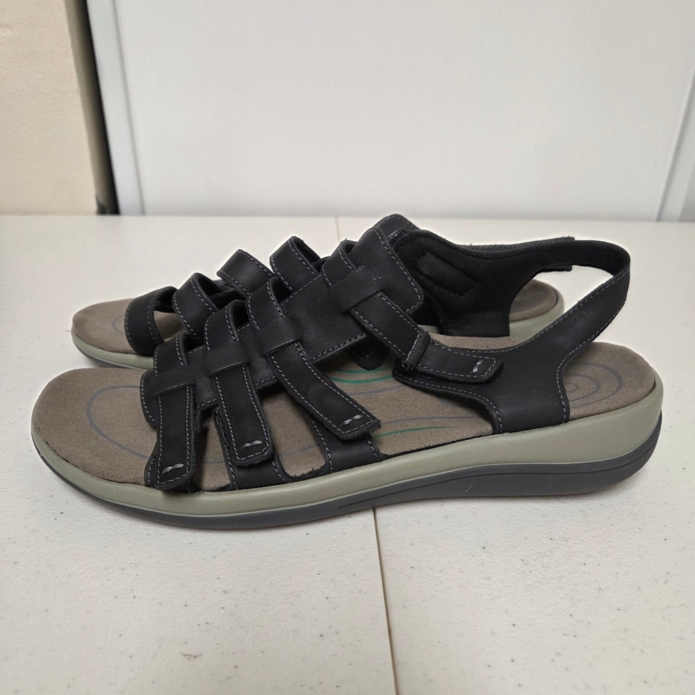 Orthofeet 935 Black Leather Fisherman Sandals Womens 10.5 D Wide Strappy Comfort